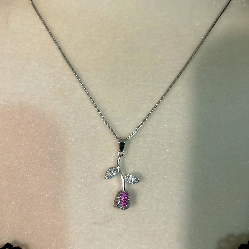 Rose With Fushia Crystal Stones Rose Charm with Chain